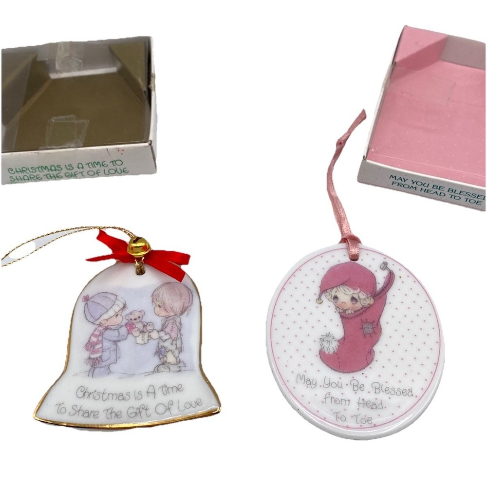 2 VTG 1986 & 1990 Precious Moments Collectible Ceramic Ornaments w/ Orig Boxes